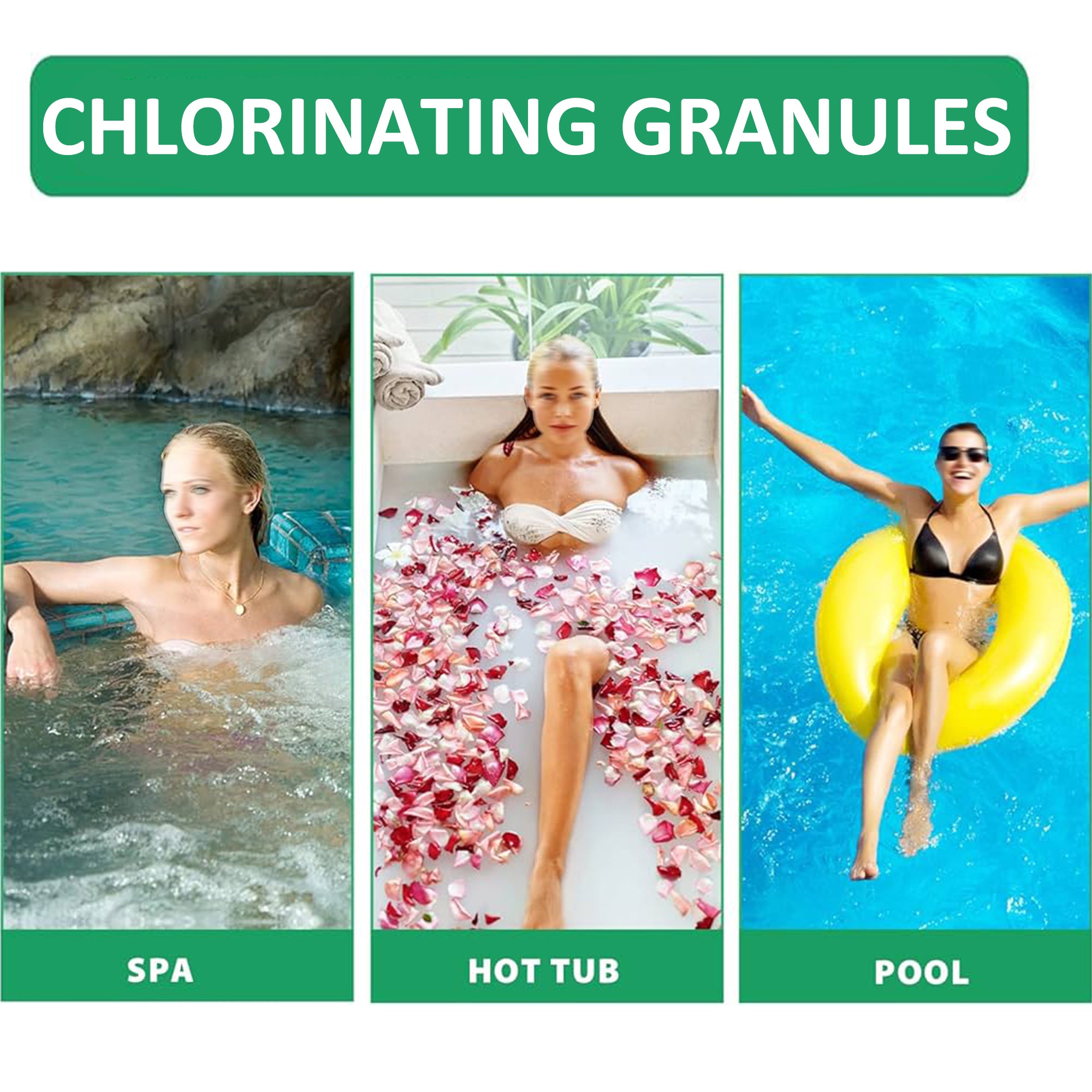 Instructional images on using chlorine granules in a spa or pool setting
